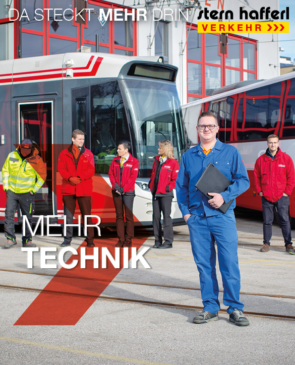 Mitarbeiter steht vor Bahn mit der Aufschrift - mehr Technik