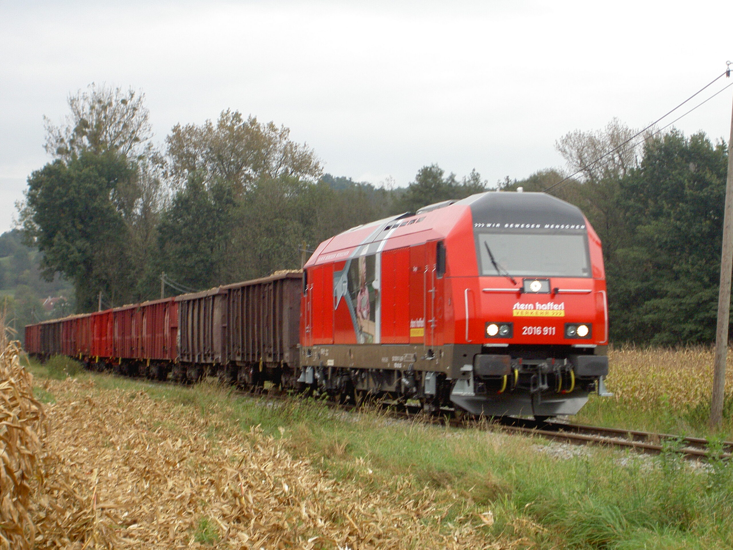 Eine Güterlok fährt durch das Land und über die Wiesen