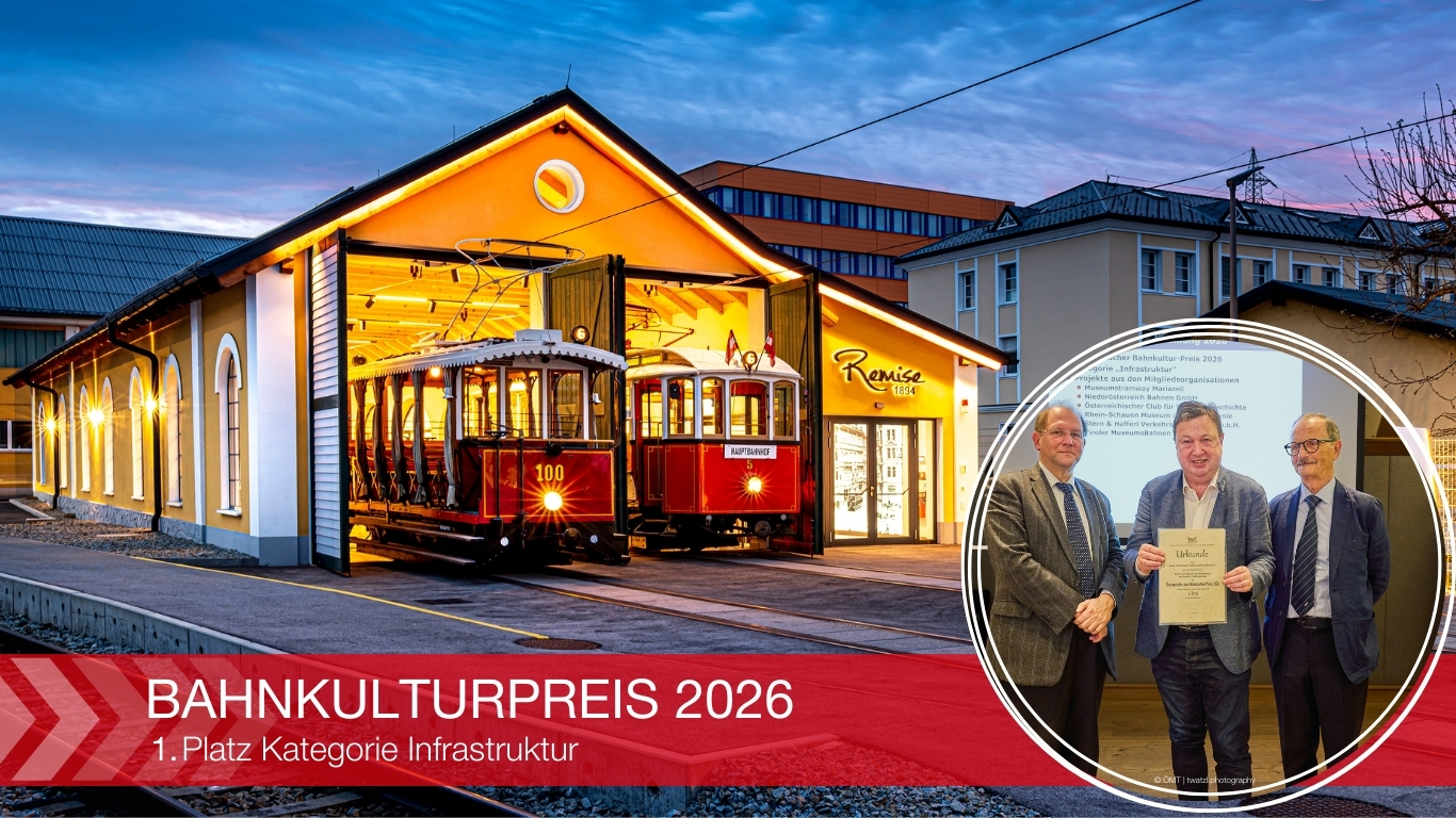 Titelbild Bahnkulturpreis 2026 - Bild Remise und kleiner Bild der Urkundenüberreichung