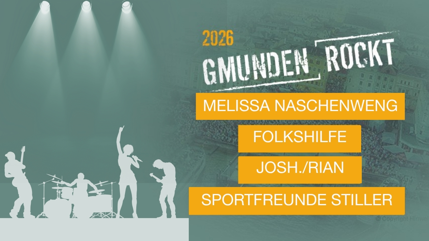 Titelbild zum Gmunden, mit den Künstler:innen Melissa Naschenweng, Folkshilfe, Josh./Rian, und Sportfreunde Stiller 2026